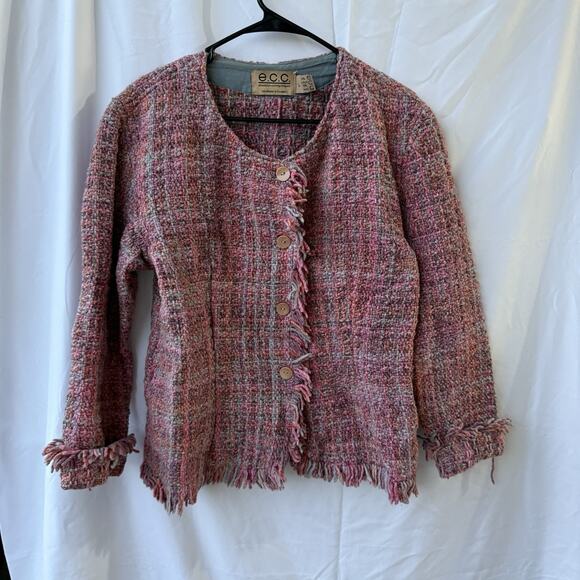 E.C.C. Ecuadorian Handmade Wool Cotton Fringe Jacket Pink Textured Tweed Size L - Picture 1 of 4